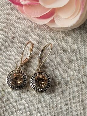 Vintage Napier Smoky Crystal Drop Earrings Silver Tone Leverback